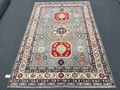 Kazak Gray Geometric 6X9 Handmade Wool Rug # 13908