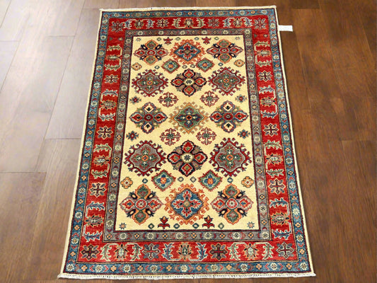 4X6 Kazak Beige Geometric Handmade Wool Rug # 13931