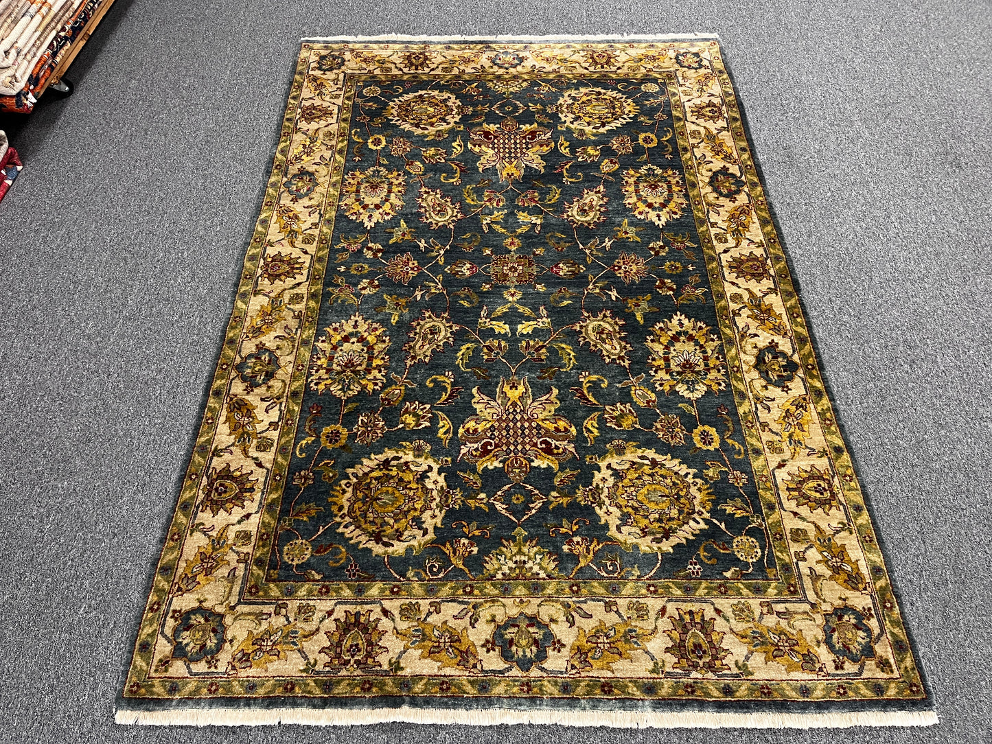 Indo Mohal Blue / Gray 6X9 Handmade Wool Rug # 14748