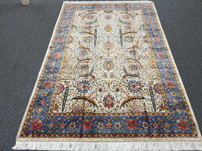 7X10 Silk Handloom Biege Multicolor Rug # 14758