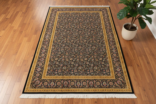 7X10 Silk Handloom Black Multicolor Rug # 14759