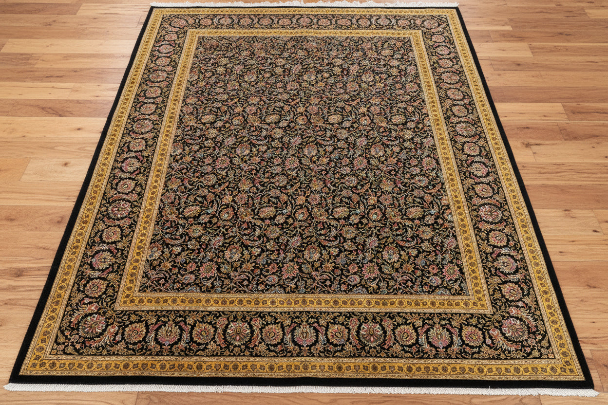 7X10 Silk Handloom Black Multicolor Rug # 14759