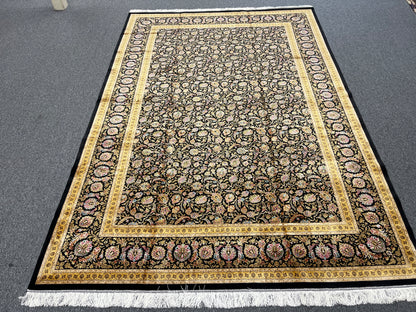 7X10 Silk Handloom Black Multicolor Rug # 14759
