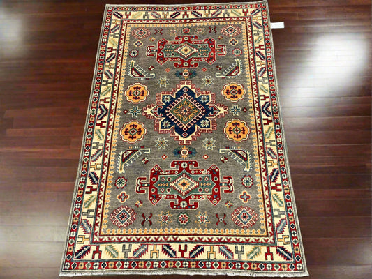 4X6 Kazak Gray Geometric Handmade Wool Rug # 13943