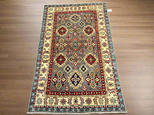 Gray Geometric Wool Kazak Oriental Rug 4x6 # 13946