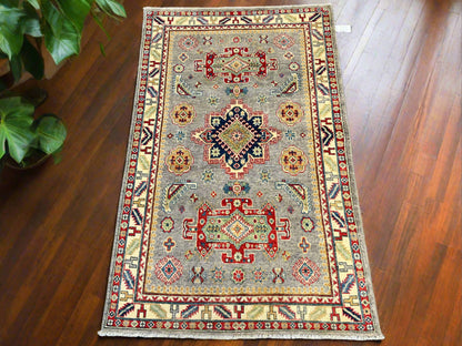 4X6 Gray Geometric Wool Kazak Area Rug # 13773