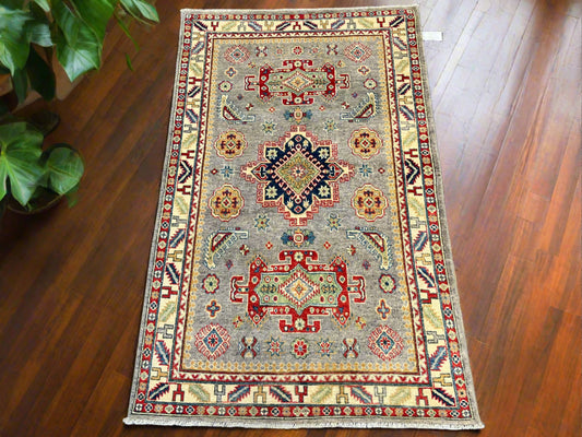 4X6 Gray Geometric Wool Kazak Area Rug # 13773