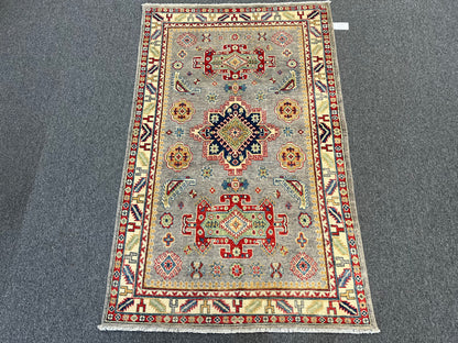 4X6 Gray Geometric Wool Kazak Area Rug # 13773