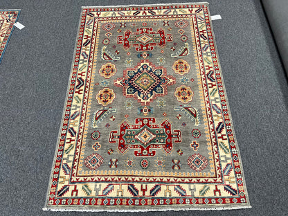 Gray Kazak Geometric 4X6 Handmade Wool Rug # 13763