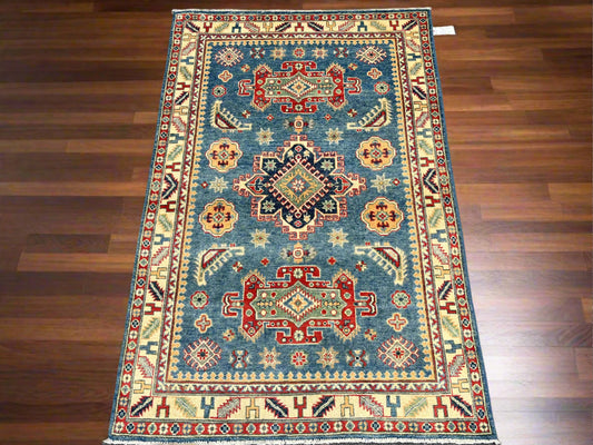 Handmade Light Blue Kazak 4X6 Oriental Wool Rug # 13742