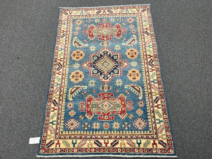 Handmade Light Blue Kazak 4X6 Oriental Wool Rug # 13742