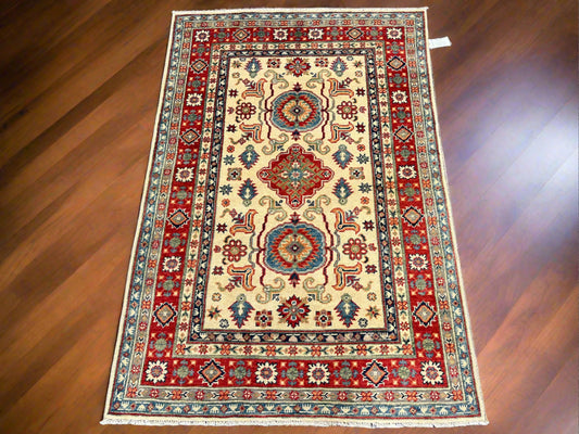 Handmade Beige/Red Kazak 4X6 Oriental Wool Rug # 13928