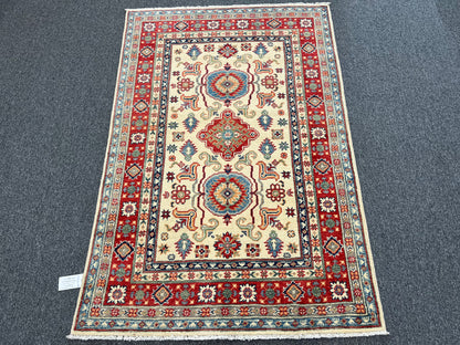 Handmade Beige/Red Kazak 4X6 Oriental Wool Rug # 13928