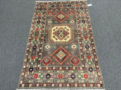 Kazak Brown Geometric 4X6 Handmade Wool Rug # 13585