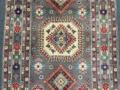 Kazak Brown Geometric 4X6 Handmade Wool Rug # 13585