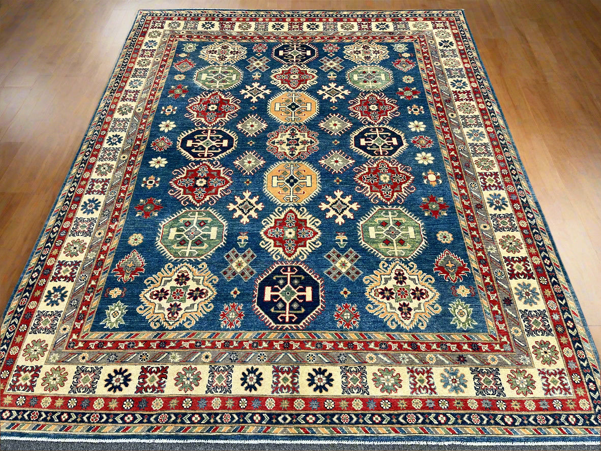 Light Blue Kazak Geometric 8X10 Handmade Wool Rug # 13661