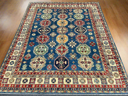 Light Blue Kazak Geometric 8X10 Handmade Wool Rug # 13661