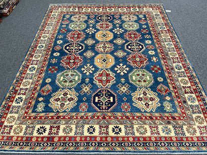 Light Blue Kazak Geometric 8X10 Handmade Wool Rug # 13661
