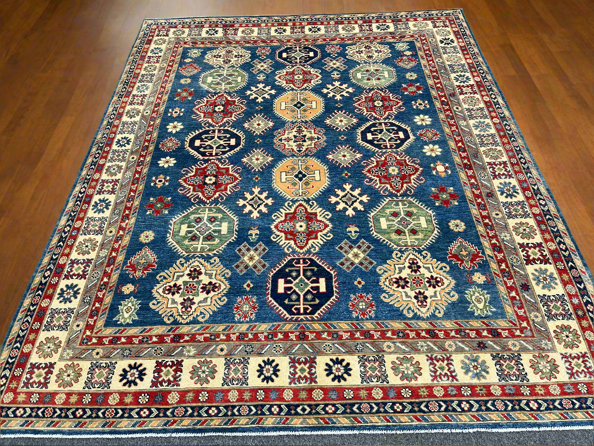 Light Blue Kazak Geometric 8X10 Handmade Wool Rug # 13661