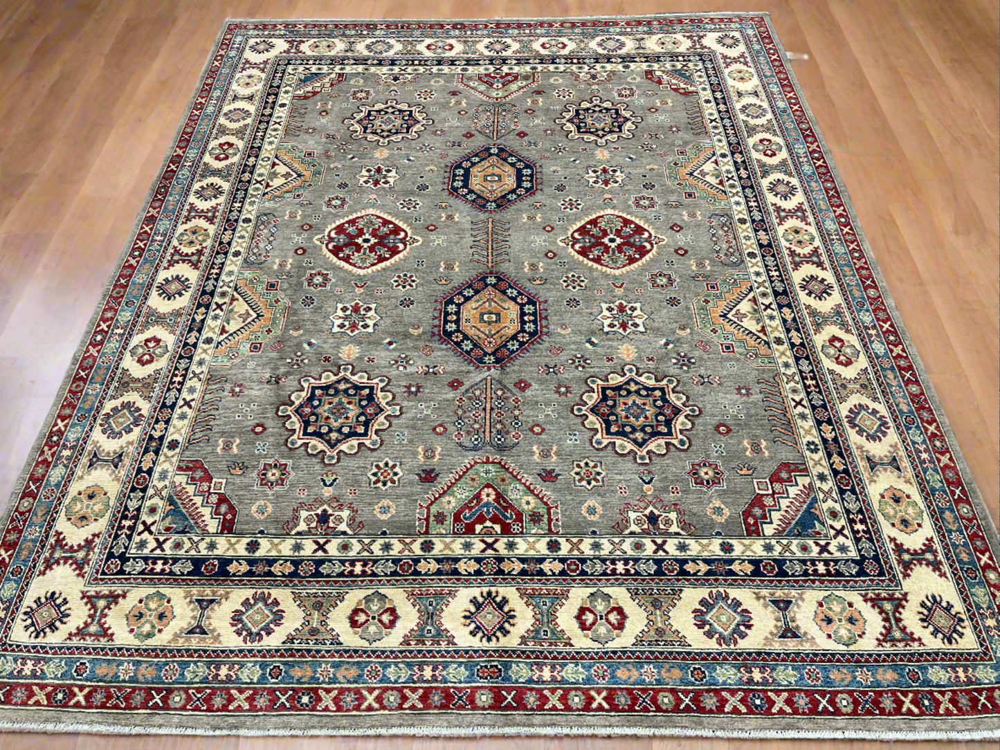 Gray Kazak Geometric 8X10 Handmade Wool Rug # 13720