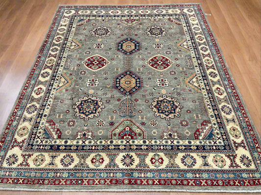 Gray Kazak Geometric 8X10 Handmade Wool Rug # 13720