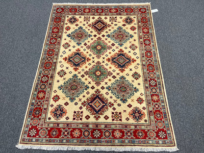 Kazak Beige/Red 5X7 Handmade Wool Rug # 13816