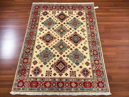 Kazak Beige/Red 5X7 Handmade Wool Rug # 13816