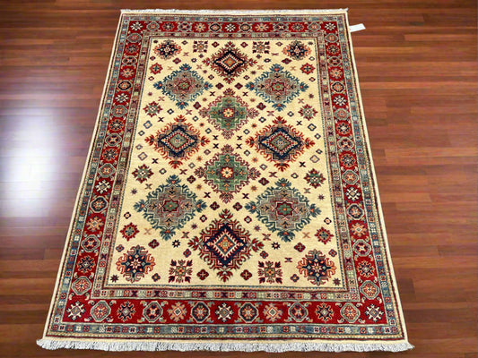 Kazak Beige/Red 5X7 Handmade Wool Rug # 13816