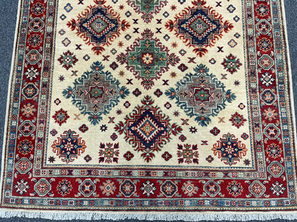 Kazak Beige/Red 5X7 Handmade Wool Rug # 13816