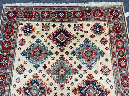 Kazak Beige/Red 5X7 Handmade Wool Rug # 13816