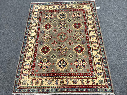 Gray Geometric Kazak 5X7 Handmade Wool Rug # 13809