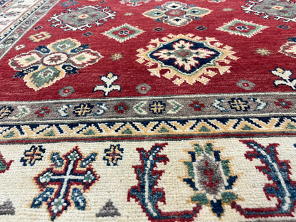 Red Geometric Kazak 5X7 Handmade Wool Rug # 13811