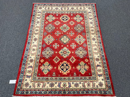 Red Geometric Kazak 5X7 Handmade Wool Rug # 13811