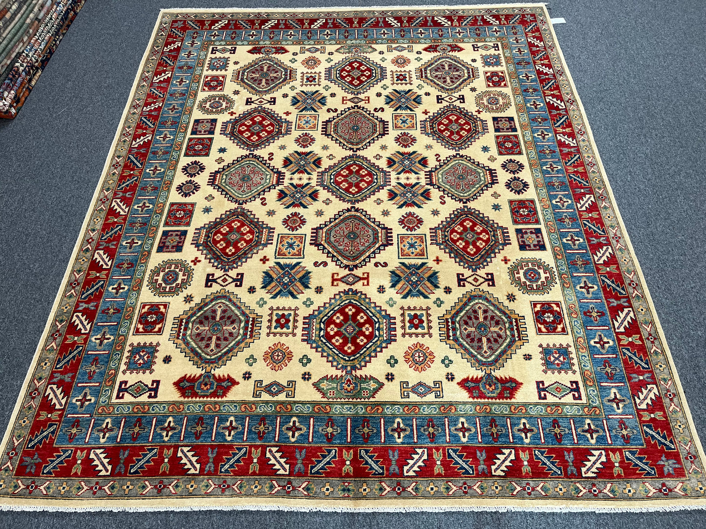 Beige Kazak Geometric 8X10 Handmade Wool Rug # 13708