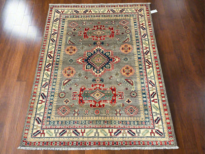 Gray/Beige Geometric Kazak 5X7 Handmade Wool Rug # 13831