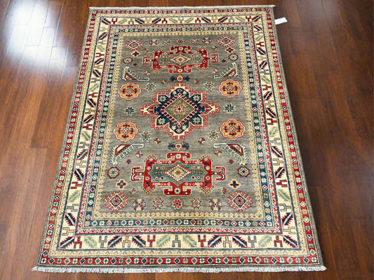 Gray/Beige Geometric Kazak 5X7 Handmade Wool Rug # 13831