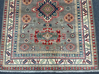 Gray/Beige Geometric Kazak 5X7 Handmade Wool Rug # 13831