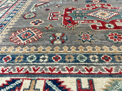 Gray/Beige Geometric Kazak 5X7 Handmade Wool Rug # 13831