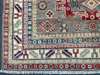 Gray/Beige Geometric Kazak 5X7 Handmade Wool Rug # 13831