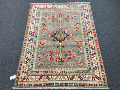 Gray/Beige Geometric Kazak 5X7 Handmade Wool Rug # 13831