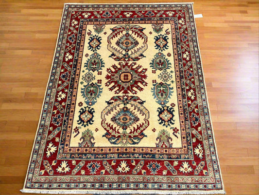 Beige Geometric Kazak 5X7 Handmade Oriental Rug # 13702