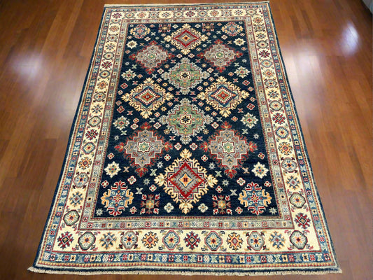 Navy Geometric Kazak 5X7 Handmade Oriental Rug # 13701