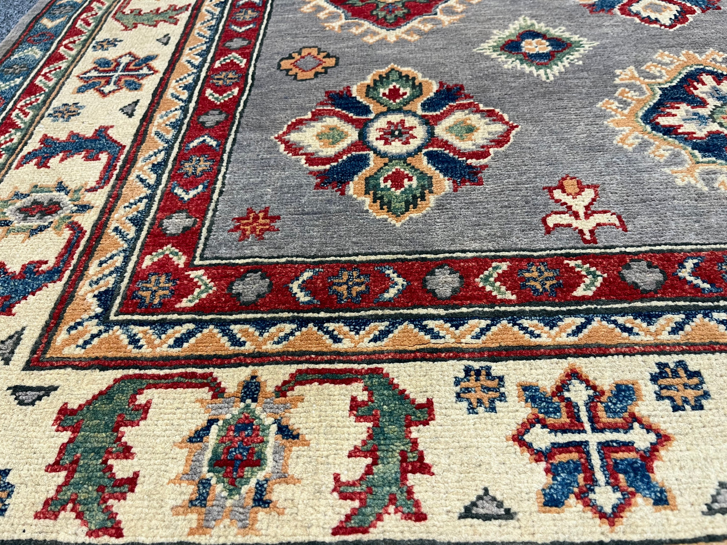 Gray Geometric Kazak 5X7 Handmade Oriental Rug # 13700