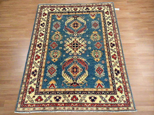 Light Blue Geometric Kazak 5X7 Handmade Oriental Rug # 13911