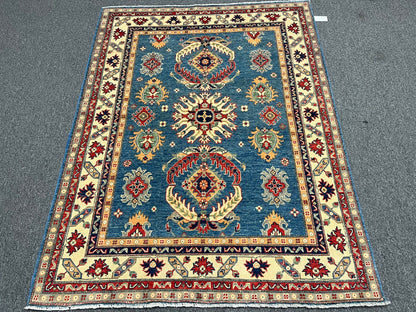 Light Blue Geometric Kazak 5X7 Handmade Oriental Rug # 13911