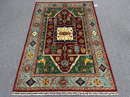Red/Light Blue Tribal 5X8 Handmade Wool Rug # 14165
