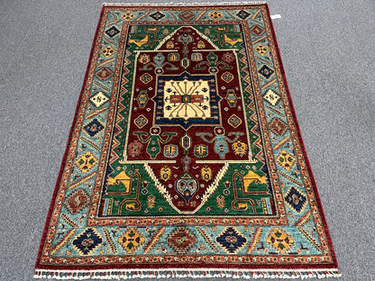 Red/Light Blue Tribal 5X8 Handmade Wool Rug # 14165