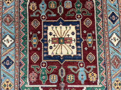Red/Light Blue Tribal 5X8 Handmade Wool Rug # 14165