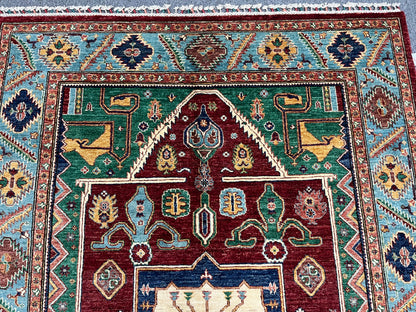Red/Light Blue Tribal 5X8 Handmade Wool Rug # 14165