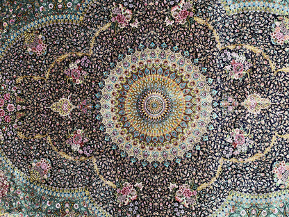 7X10 Silk Handloom Navy Blue Multicolor Rug # 14541